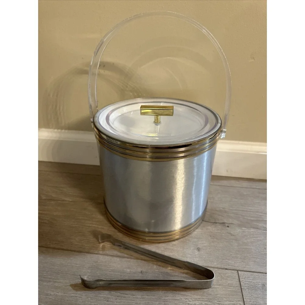 Vintage Georges Briard Ice Bucket Silver Gold Clear Lucite Handle and Lid